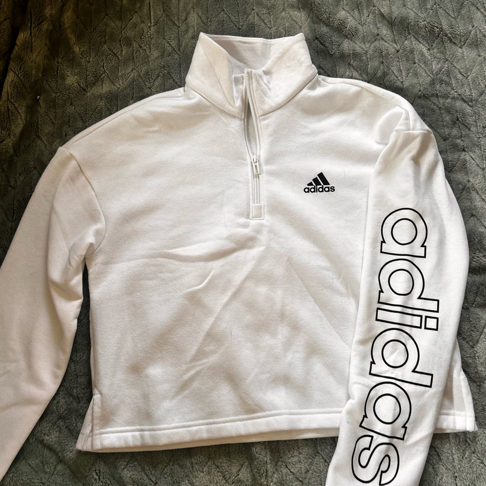 Adidas White Fleece Quarter-Zip Top